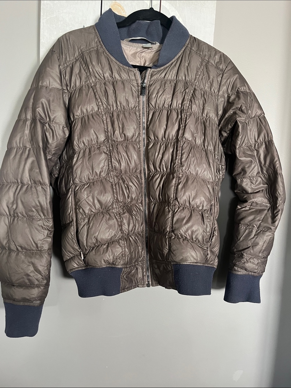 Athleta Quilted Bomber Jacket in Taupe with Navy Trim